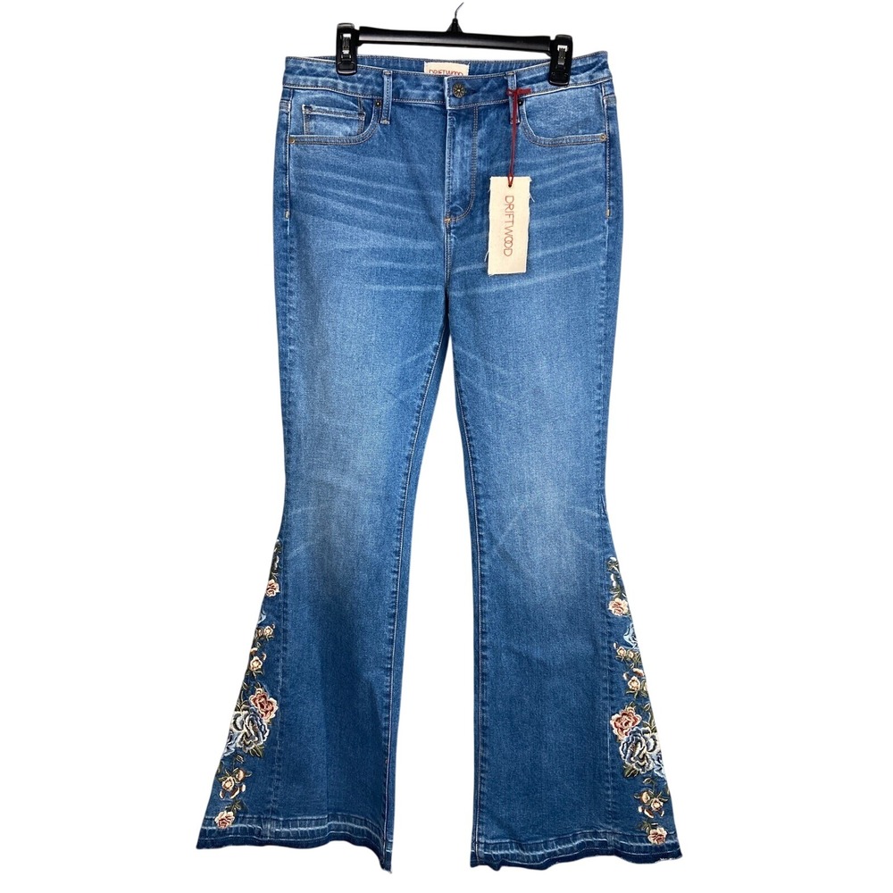 Driftwood Farrah Embroidered Flare Jeans Raw Hem Floral Detail Women's‎ 30 Boho